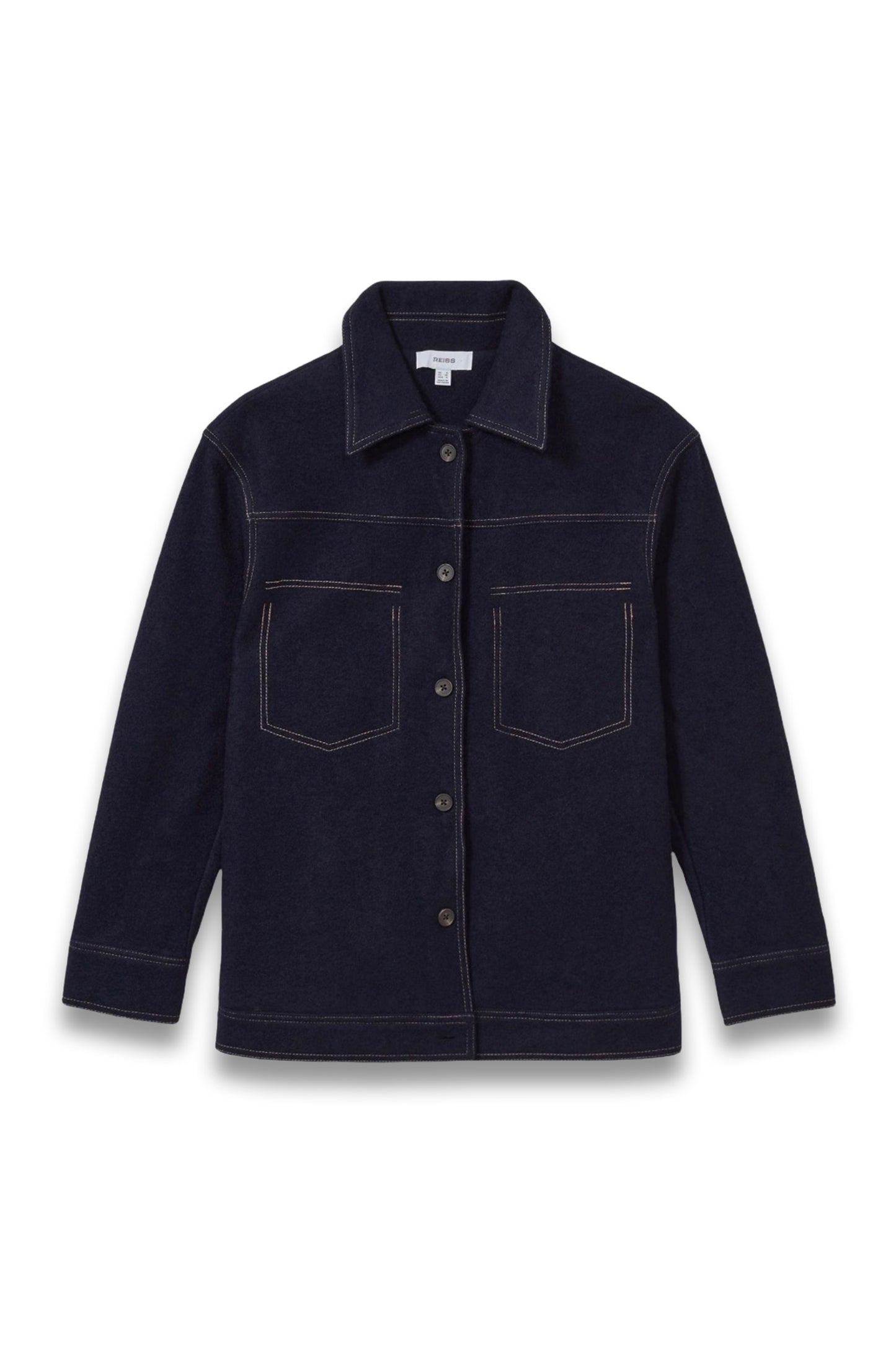 Elise Wool-Blend Topstitch Woven Shirt in Navy