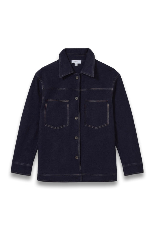 Elise Wool-Blend Topstitch Woven Shirt in Navy