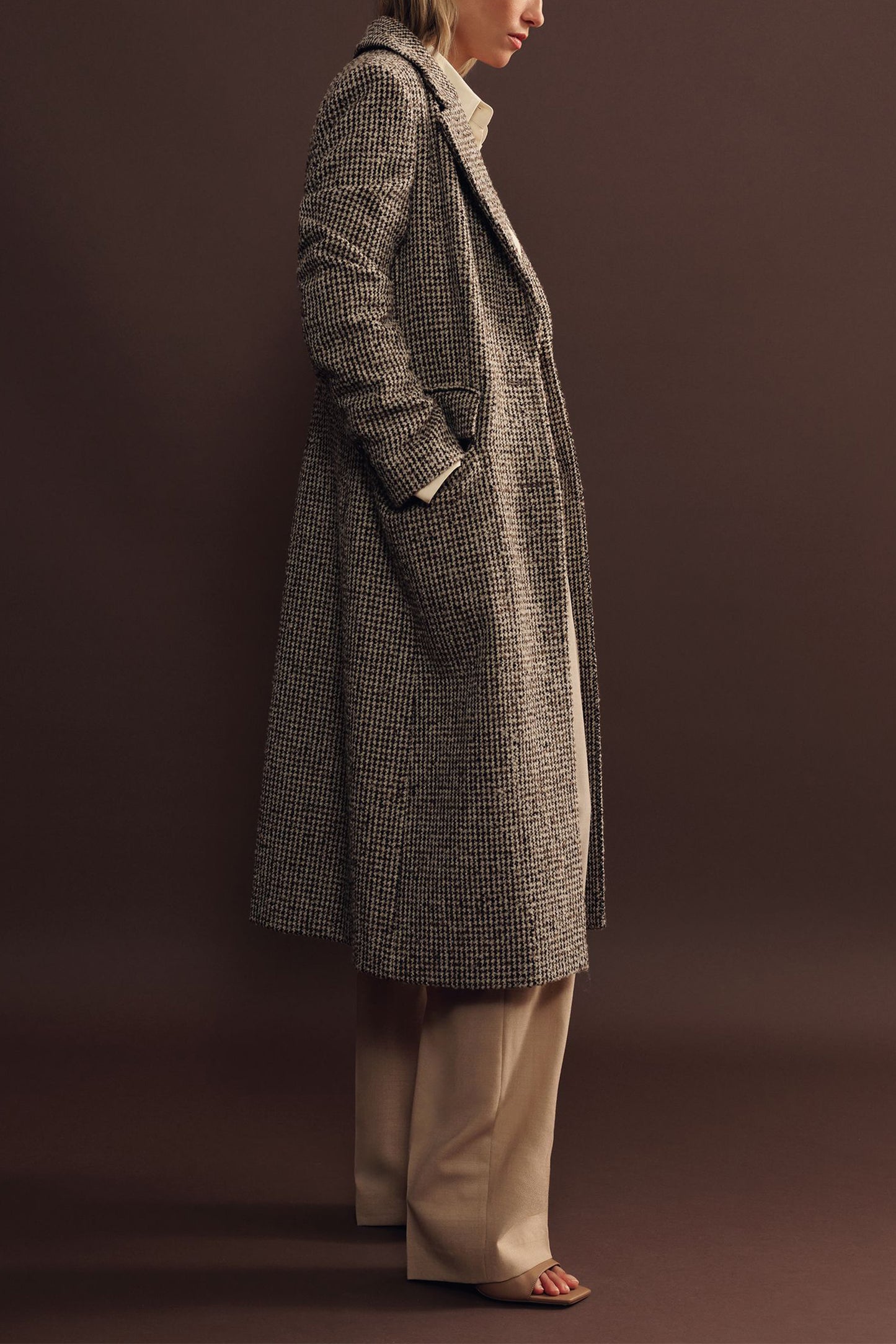 Kai Wool-Blend Houndstooth-Check Coat in Brown Check