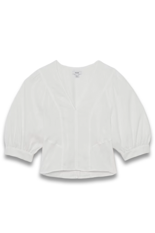 Evie Linen Balloon-Sleeve Top in Ivory
