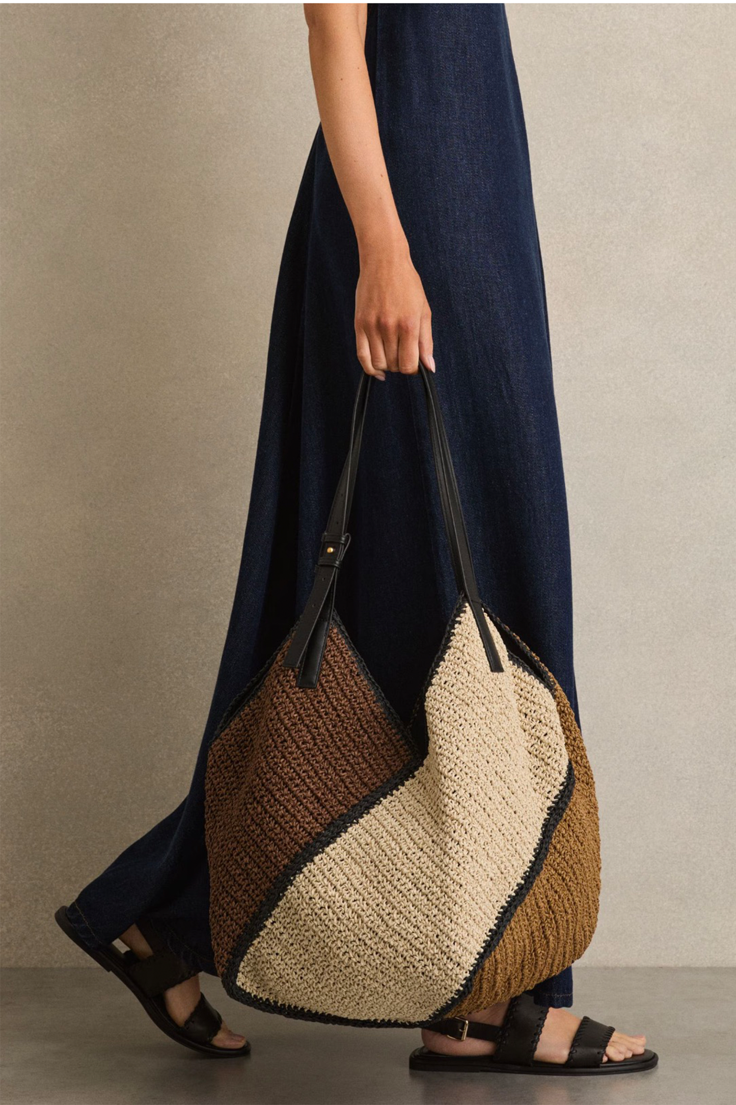 Farrah Raffia Colour-Block Tote Bag In Tan