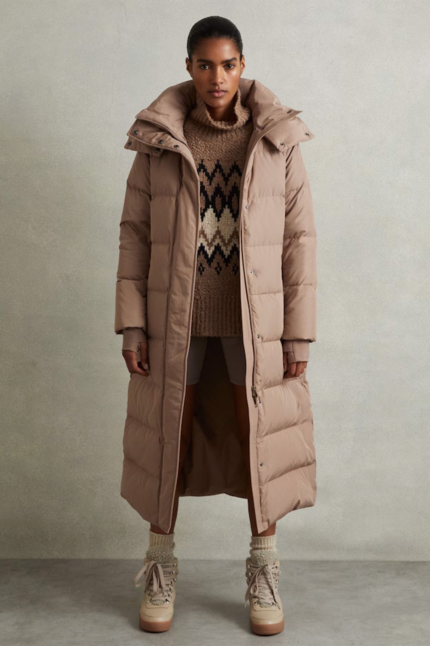 Petite Longline Hooded Puffer Coat in Mink Neutral