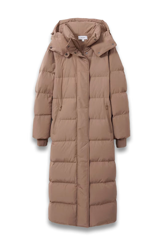 Petite Longline Hooded Puffer Coat in Mink Neutral