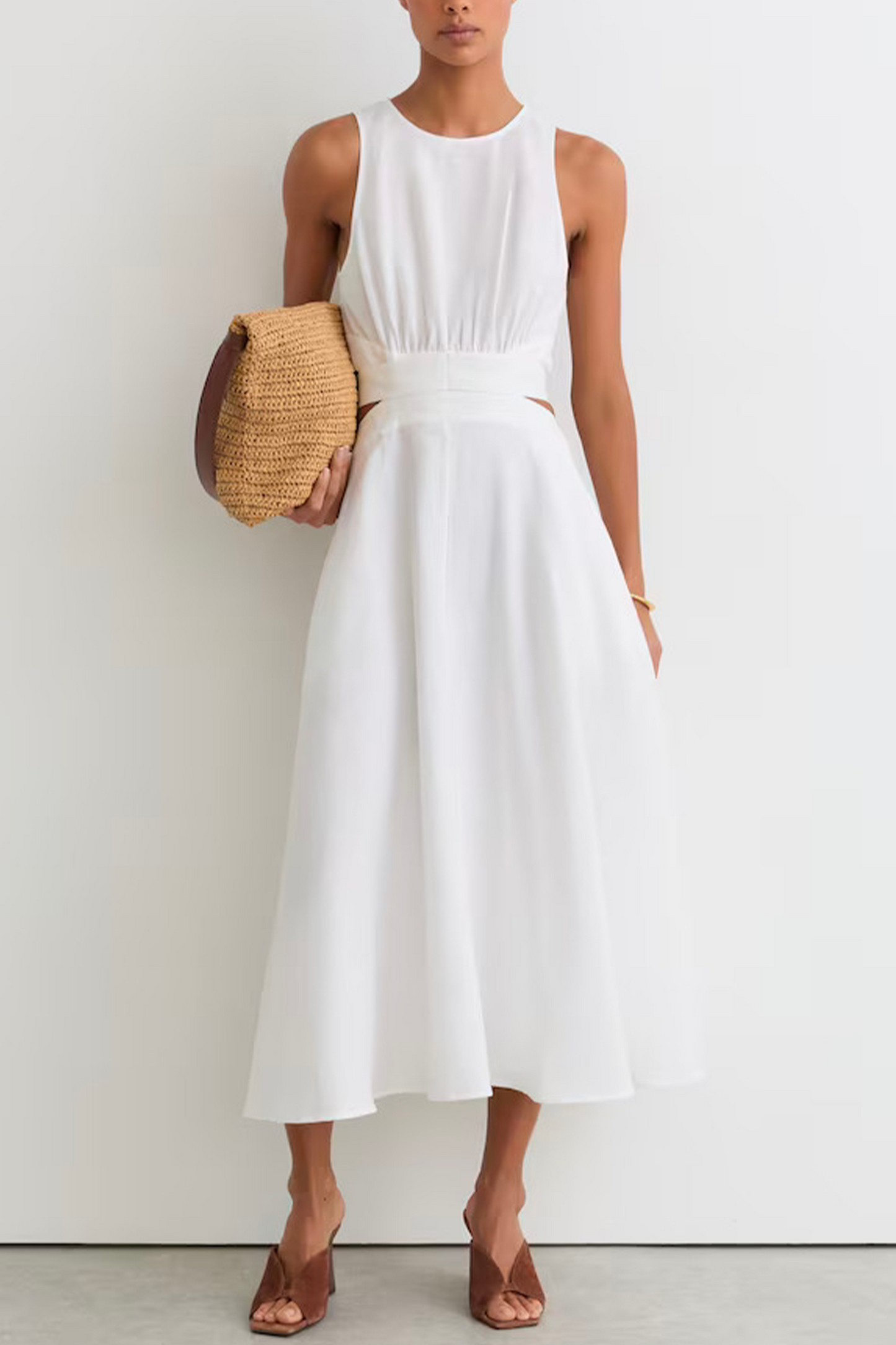 Hazel Linen-Cotton Cut-Out Midi Dress in Ivory