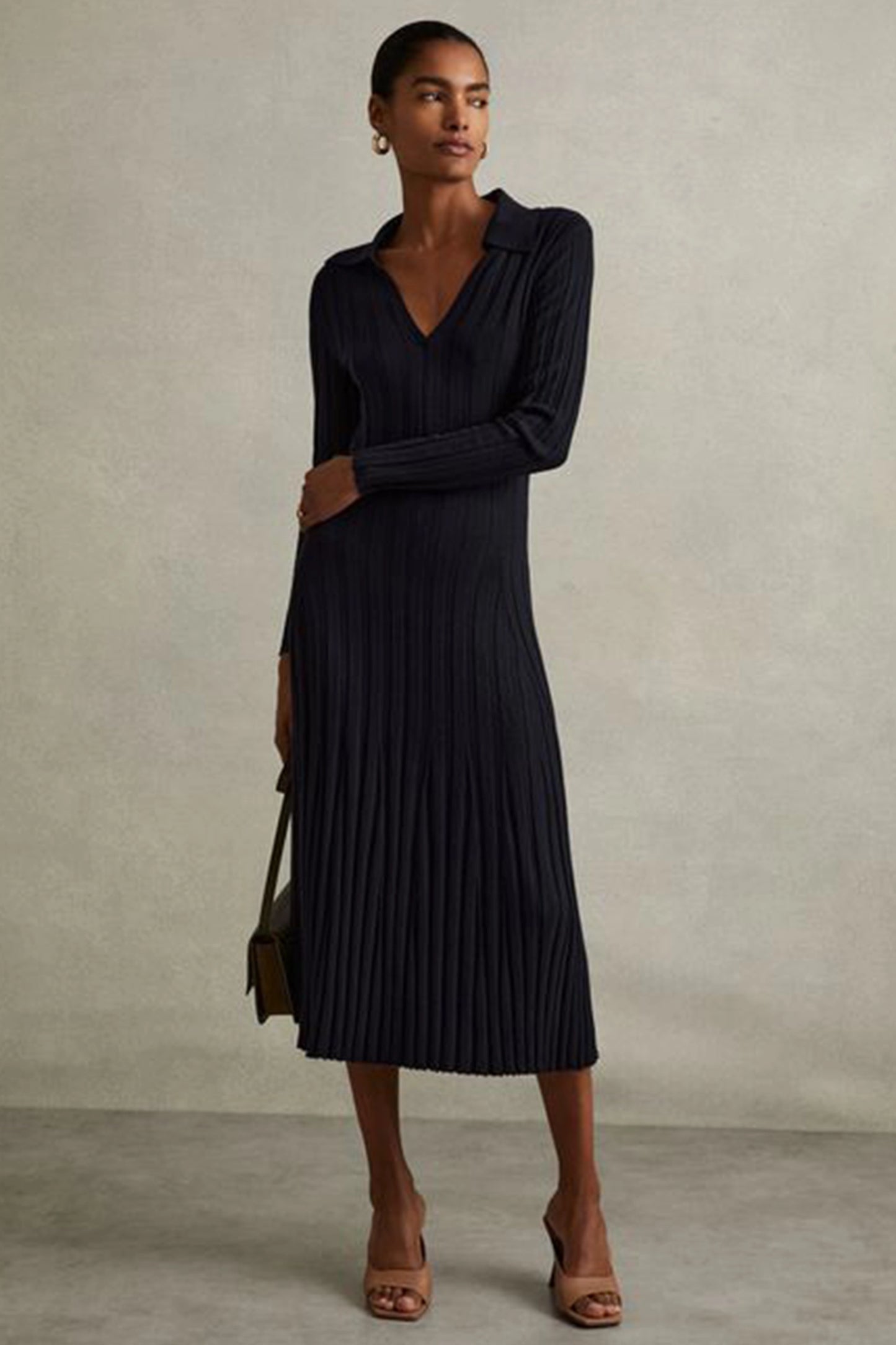 Knitted Open Collar Midi Dress
