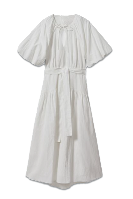 A white, midi-length dress with puff sleeves, made from a blend fabric, displayed on a mannequin.