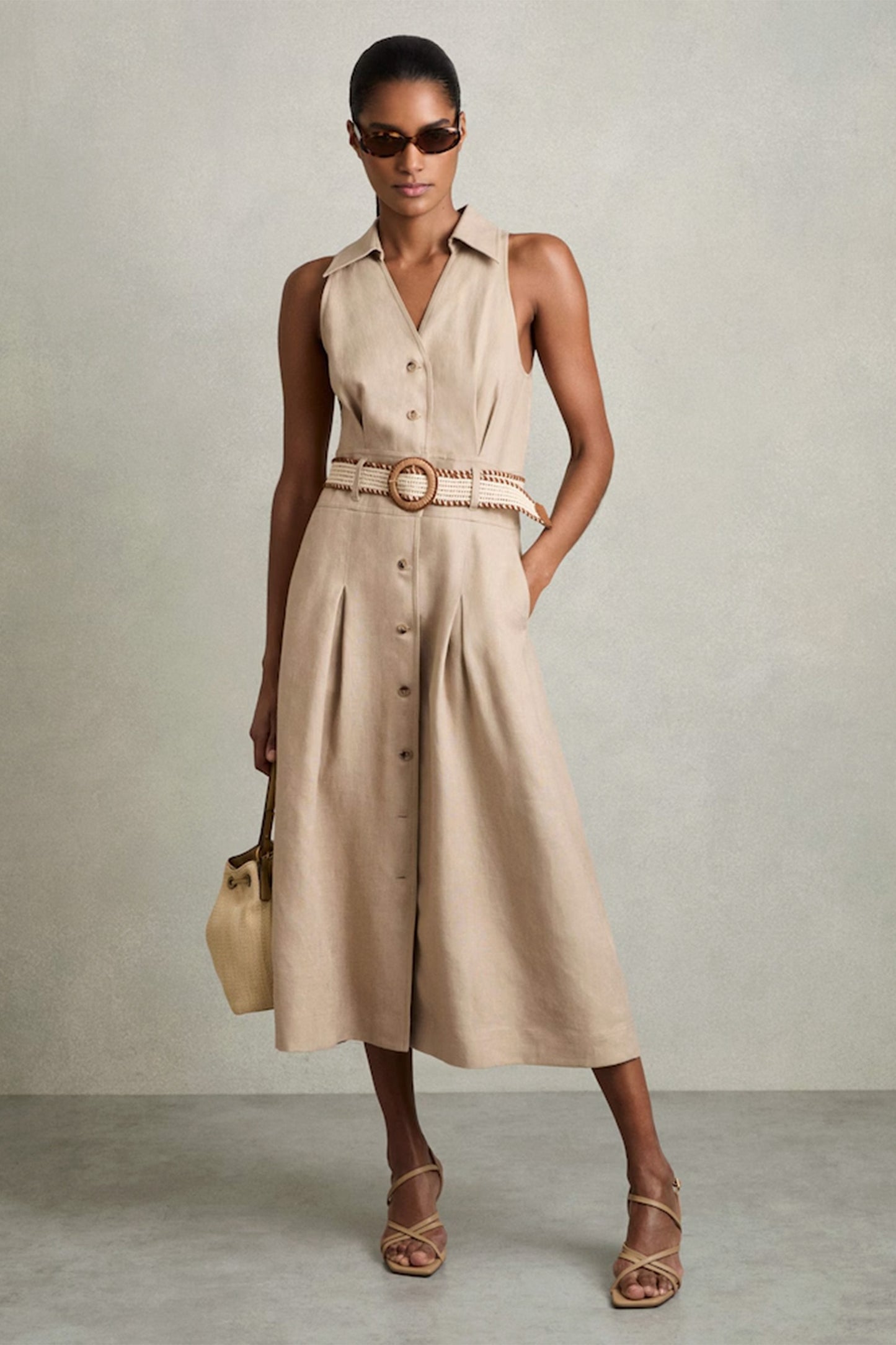 Linen Belted Sleeveless 100% Linen Midi Dress in Neutral