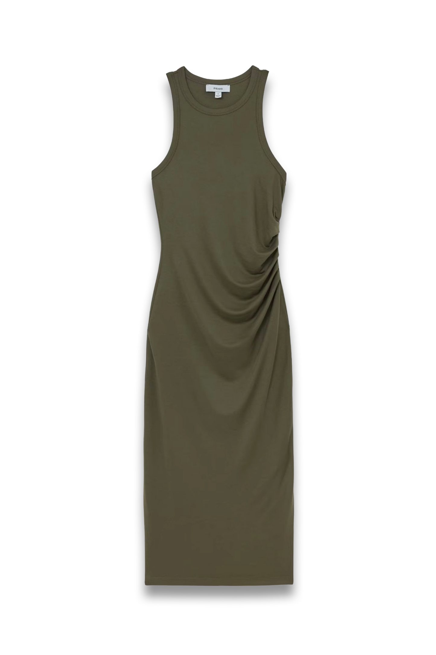Jersey Ruched Racer Midi Dress in Khaki Green