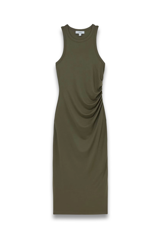 Jersey Ruched Racer Midi Dress in Khaki Green