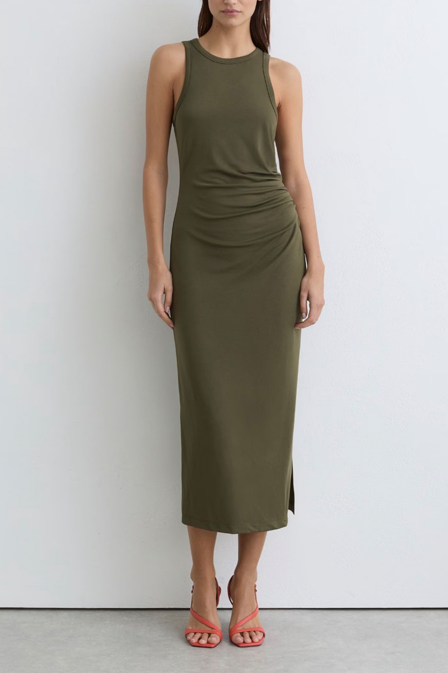 Jersey Ruched Racer Midi Dress in Khaki Green