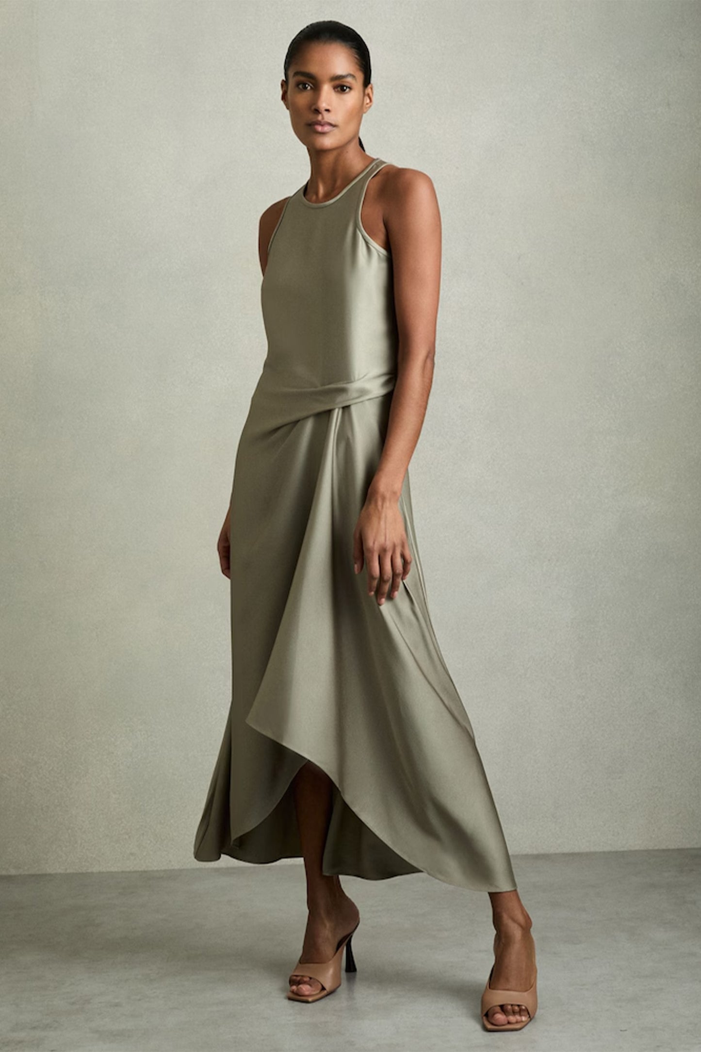 Micah Satin Drape Tuck Midi Dress in Khaki