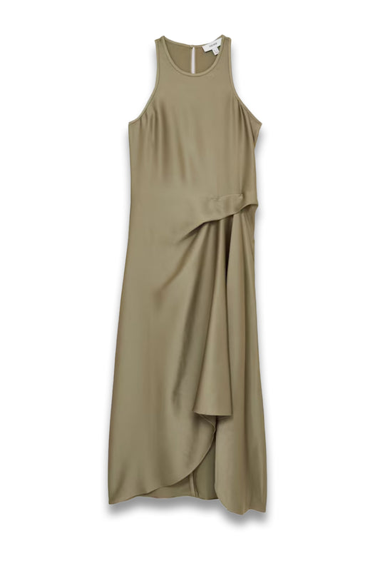 Micah Satin Drape Tuck Midi Dress in Khaki