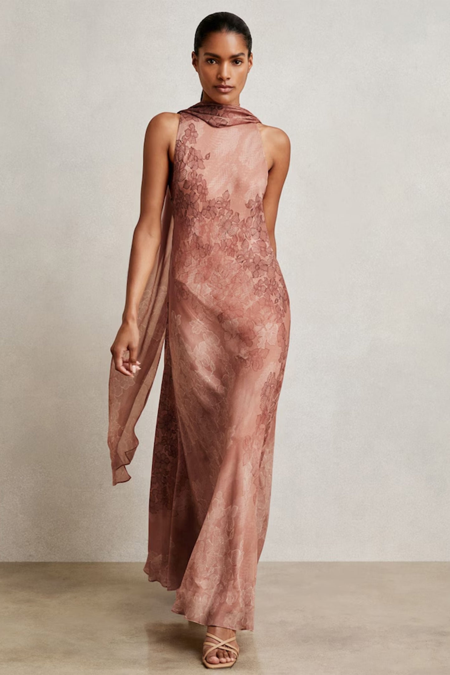 Lacey Chiffon Floral Cape Maxi Dress in Pale Pink