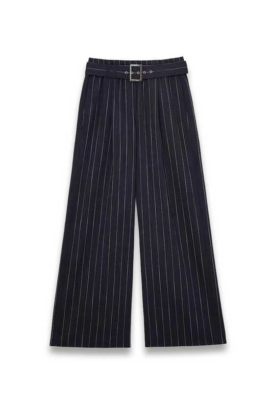 Pinstripe Belted Wide-Leg Trousers in Navy
