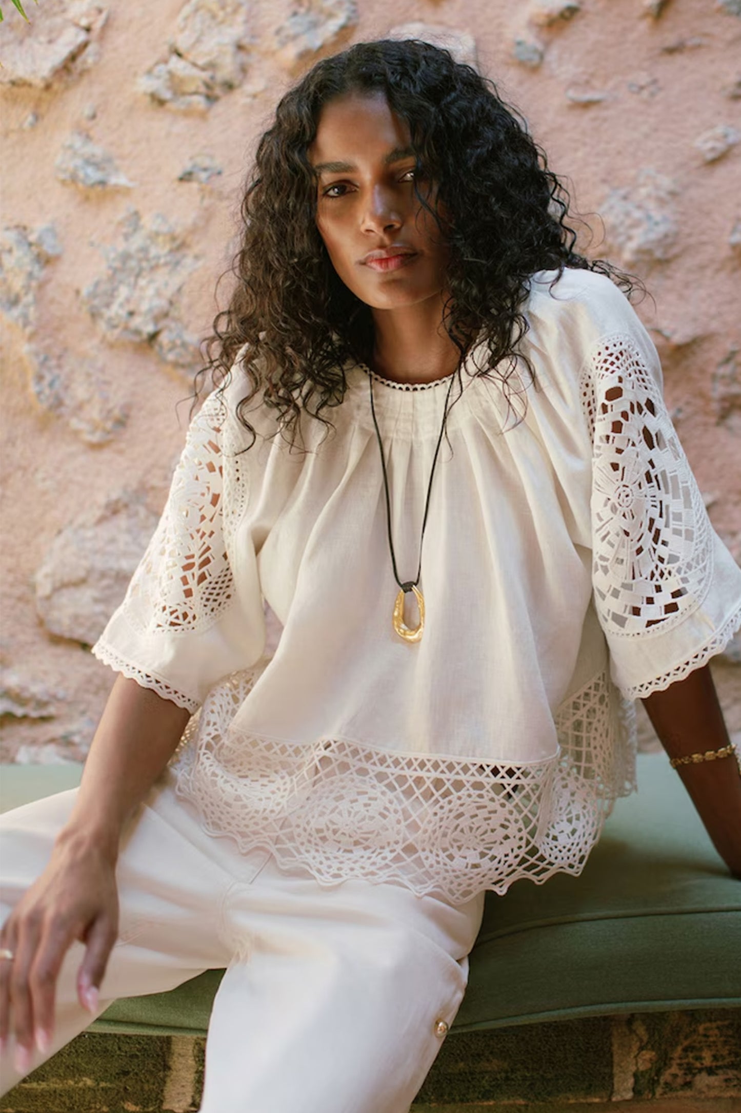 Linen Embroidered Swing Top in Ivory