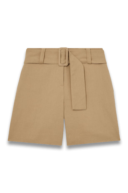 Harper Cotton-Blend Belted Shorts With Linen in Camel
