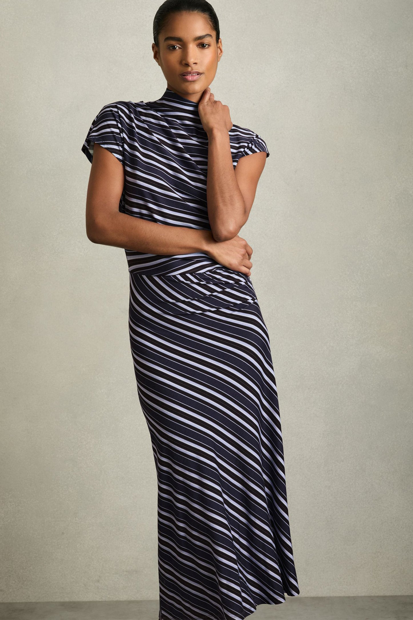Petite Stripe-Print Draped Midi Dress in Blue