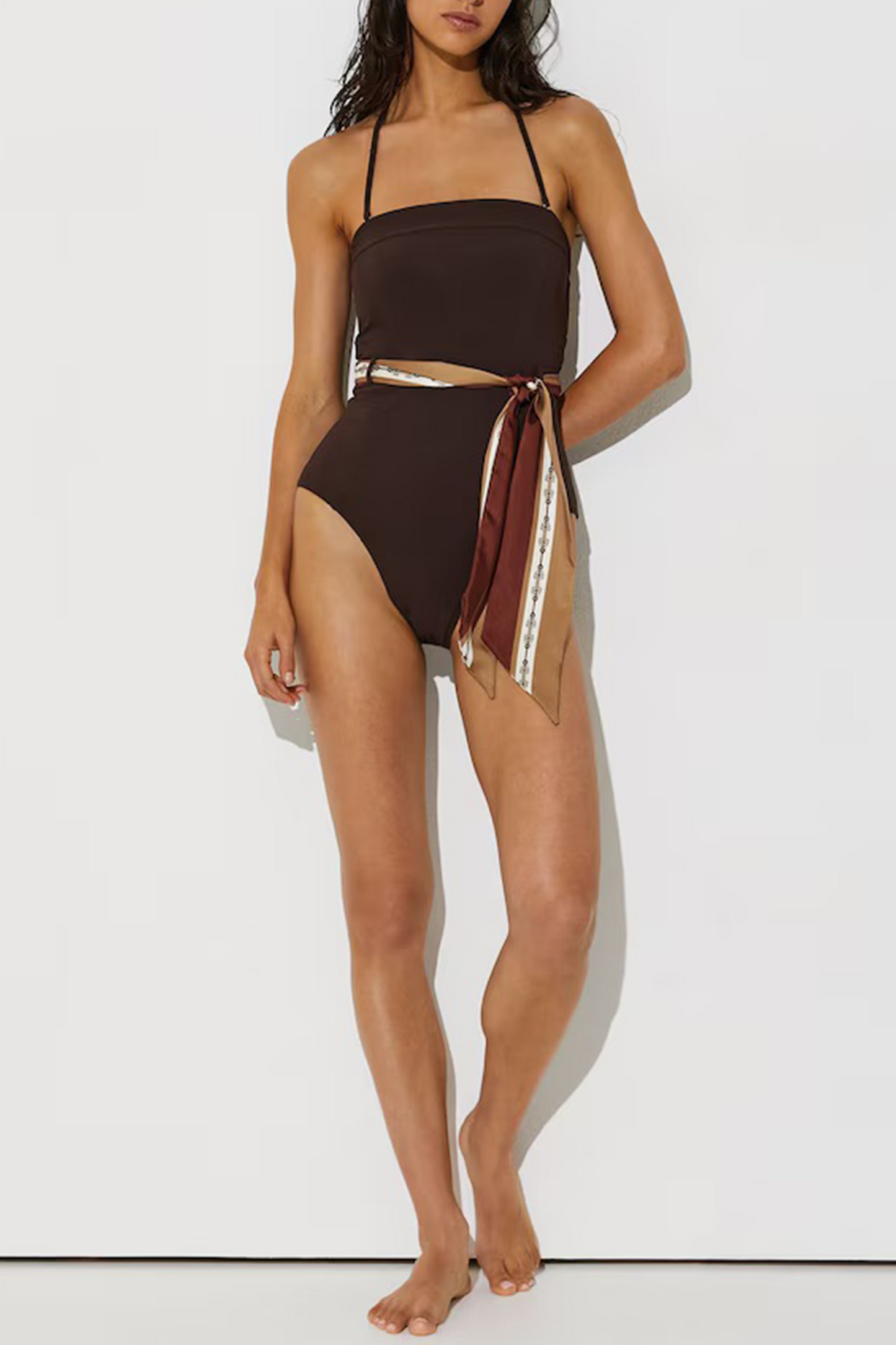 Bandeau Scarf-tie Swimsuit in Chocolate Brown