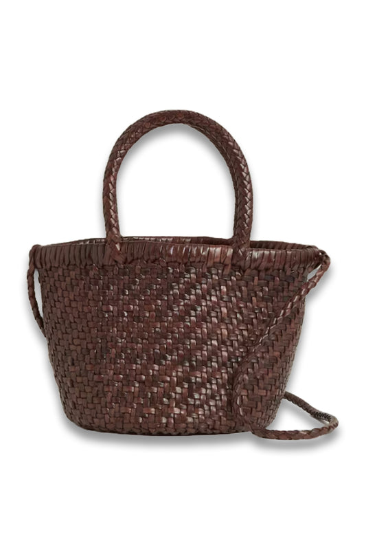 Nia Leather Woven Mini Tote Bag in Chocolate
