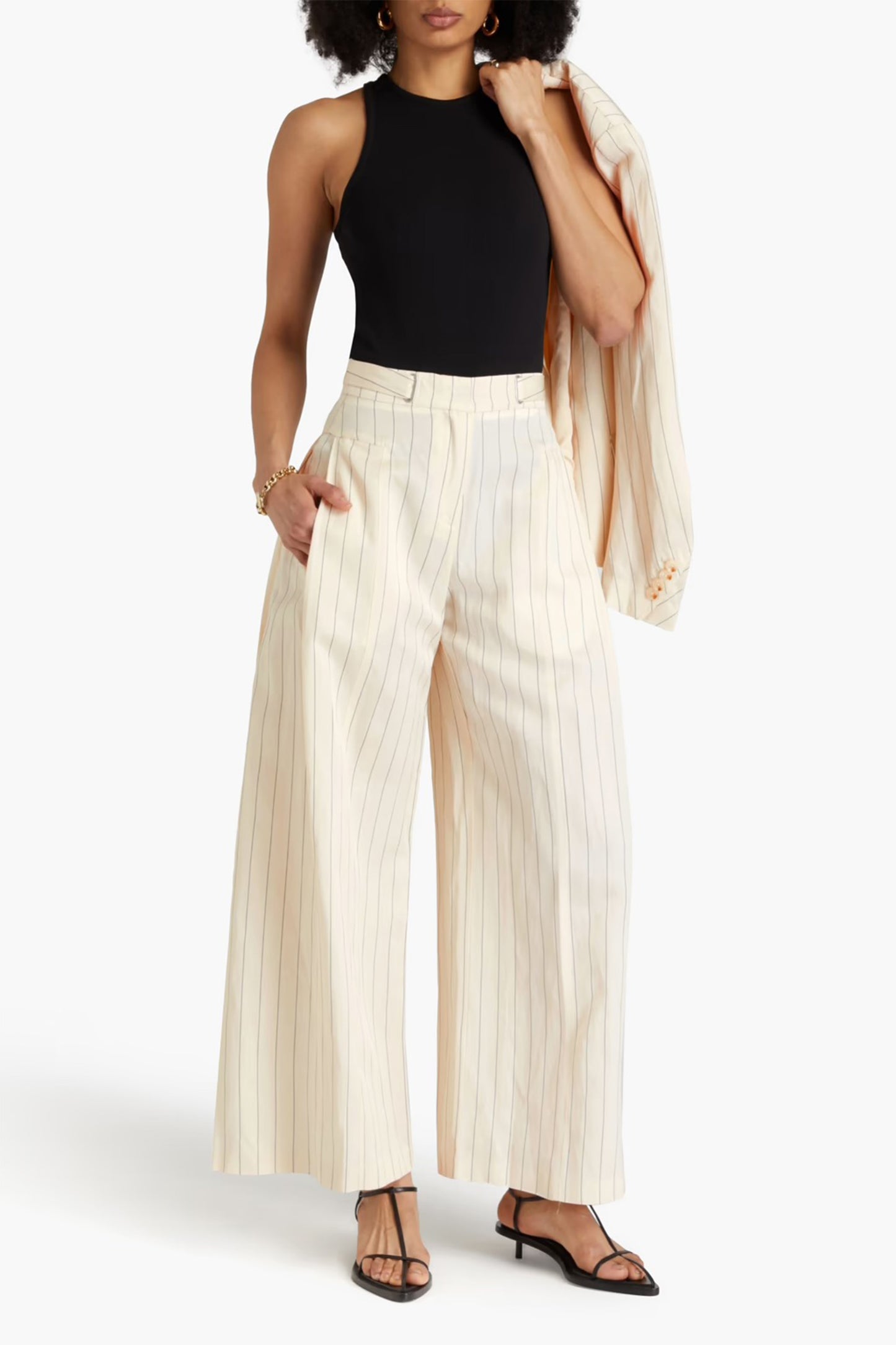 Pleated Striped Twill Wide-leg Pants