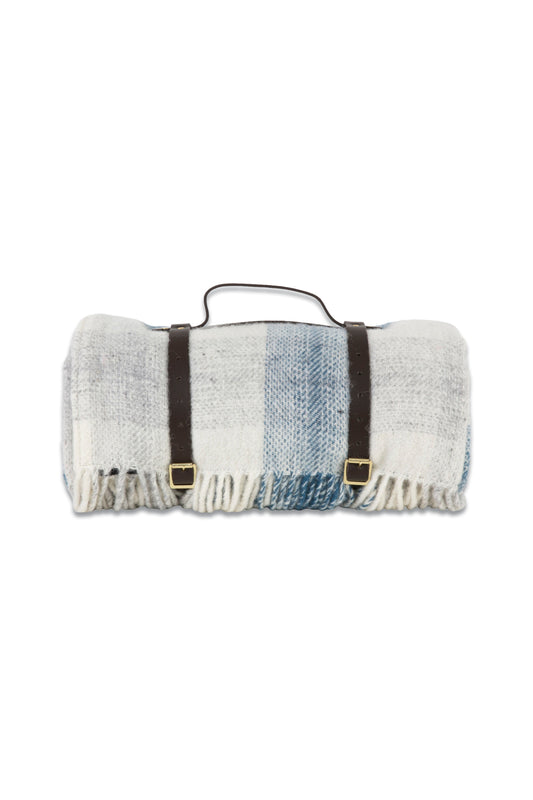 Blue Meadow Check Waterproof Picnic Blanket With Straps
