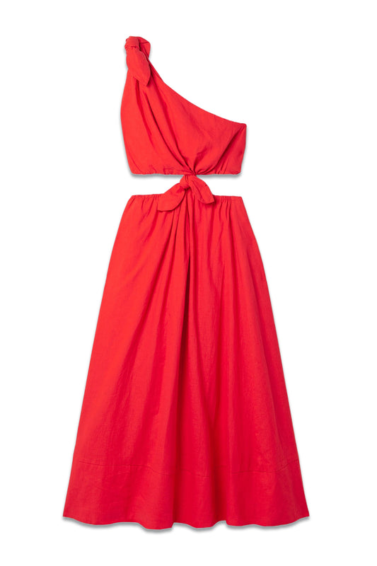 One-Shoulder Cutout Linen-Blend Midi Dress