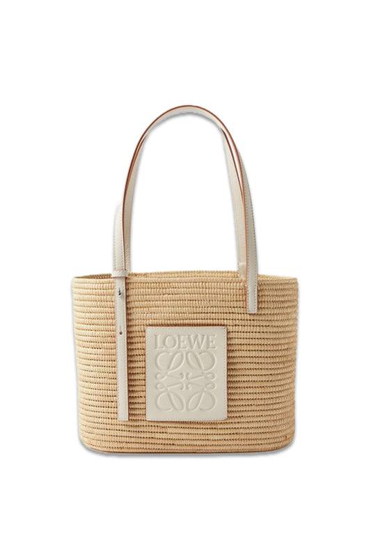 Anagram Leather-Trimmed Raffia Basket Bag