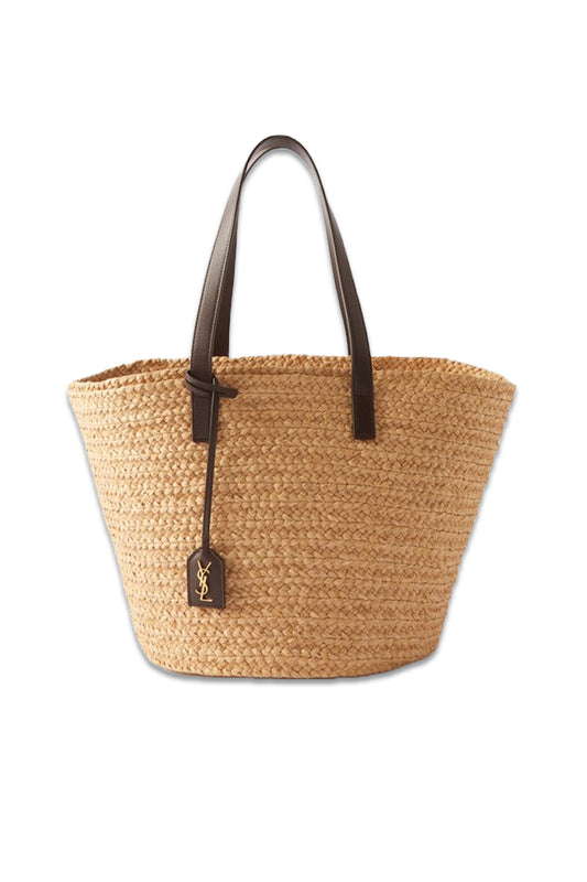 Panier YSL-Plaque Leather-Trim Raffia Basket Bag