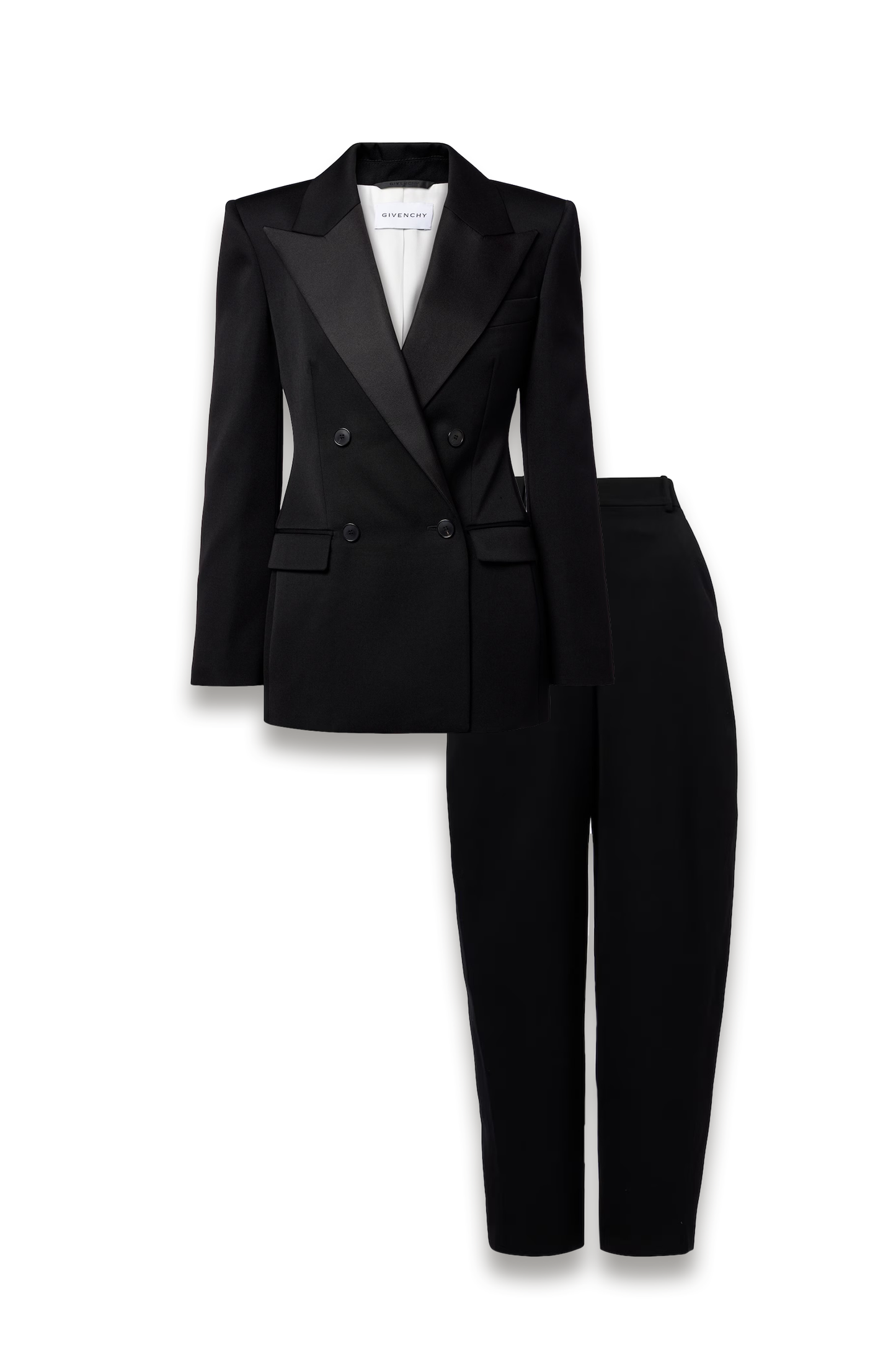 Double-breasted Satin-trimmed Wool Blazer and Barrel-leg Pants