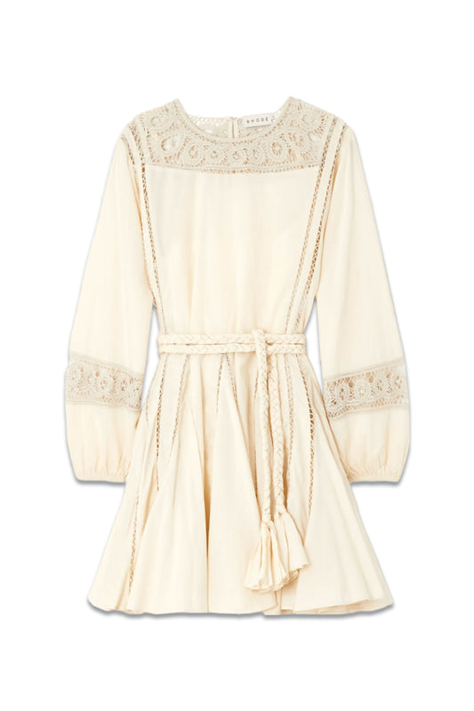 Ella Belted Crochet-Trimmed Cotton Mini Dress