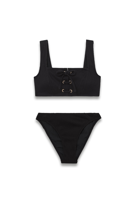 Dee Ribbed Lace-Up Bikini in Black