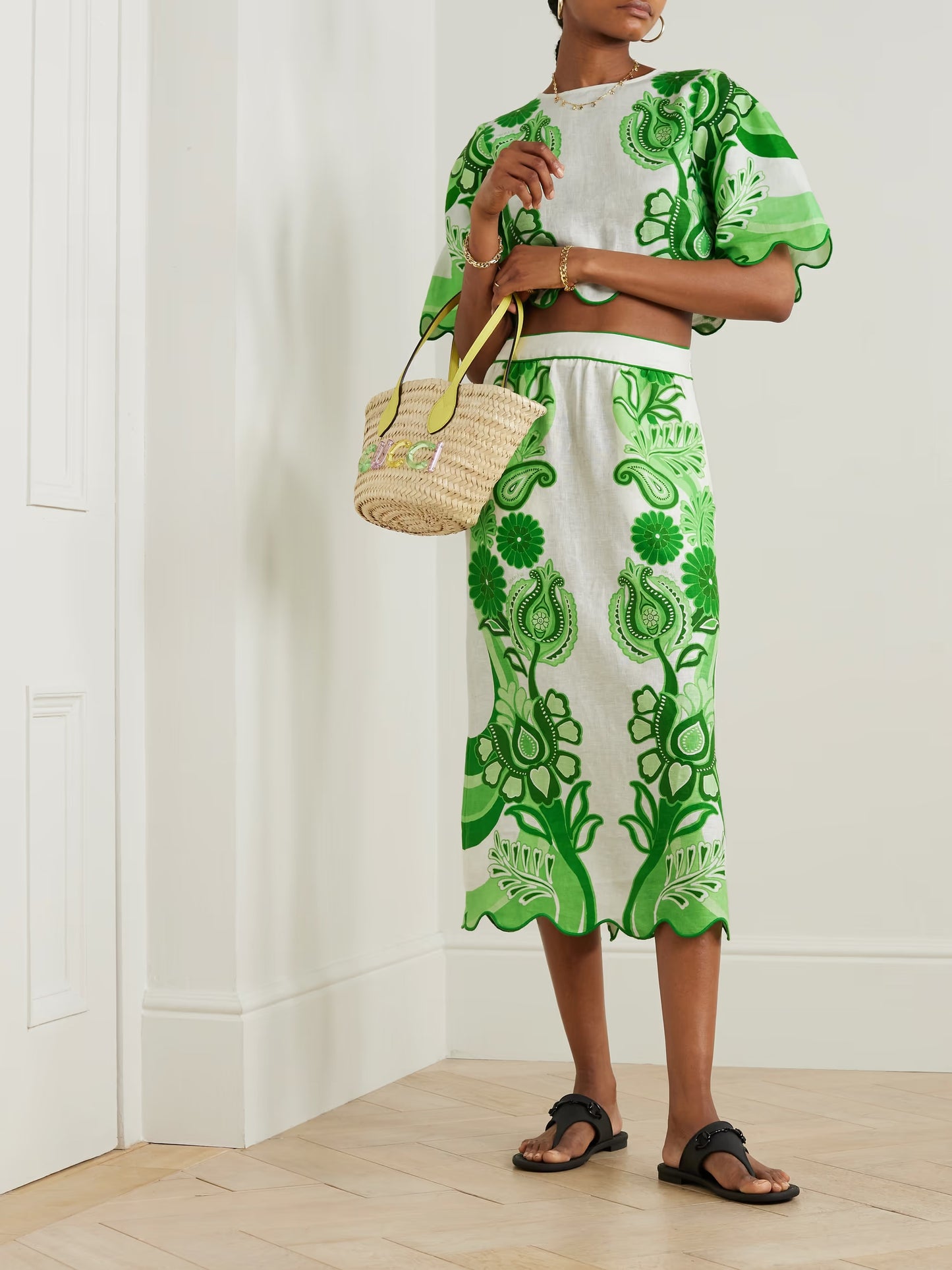 Cropped Floral-print Linen Blouse & Midi Skirt
