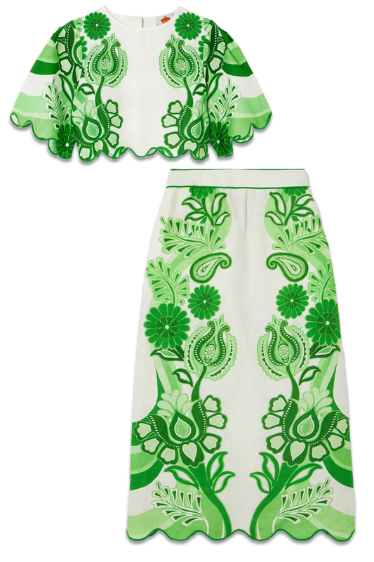 Cropped Floral-print Linen Blouse & Midi Skirt