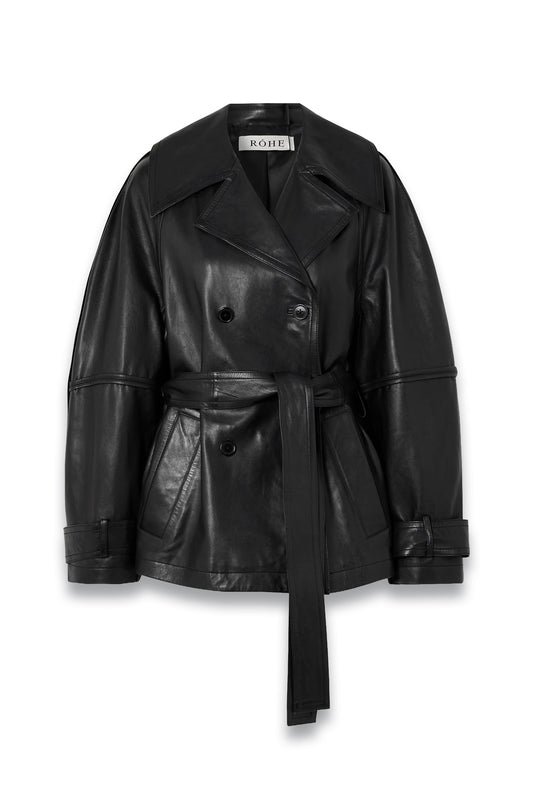 Belted Double-breasted Leather Jacket
