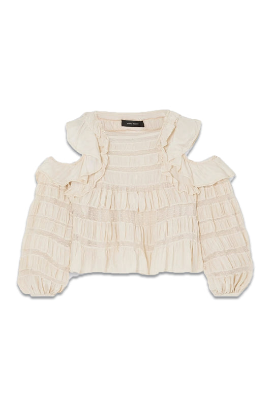 Crocheted Lace-trimmed Ruffled Silk Cold-shoulder Top