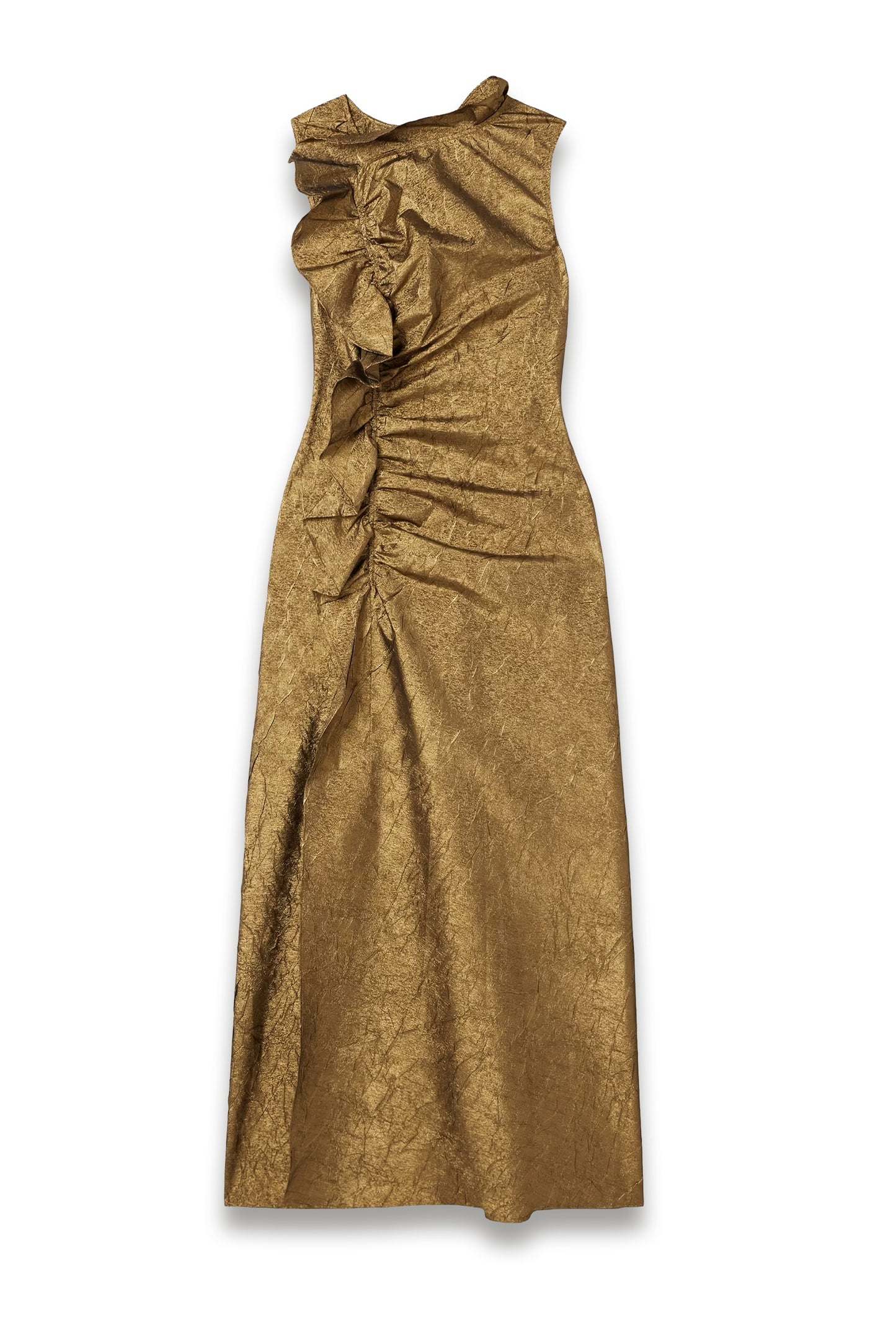 Demetria Ruffled Ruched Metallic Crinkled-taffeta Midi Dress