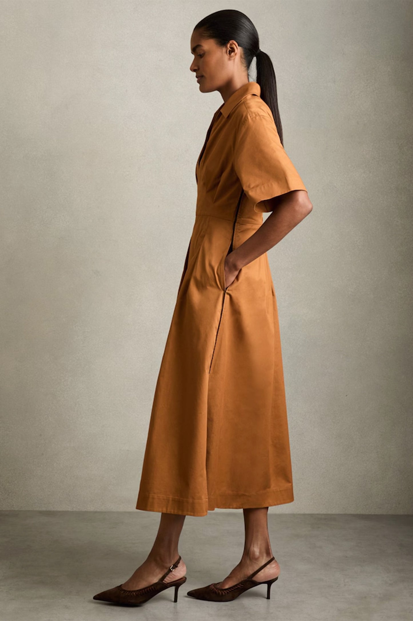 Cotton Pleated-Waist Midi Dress in Rust