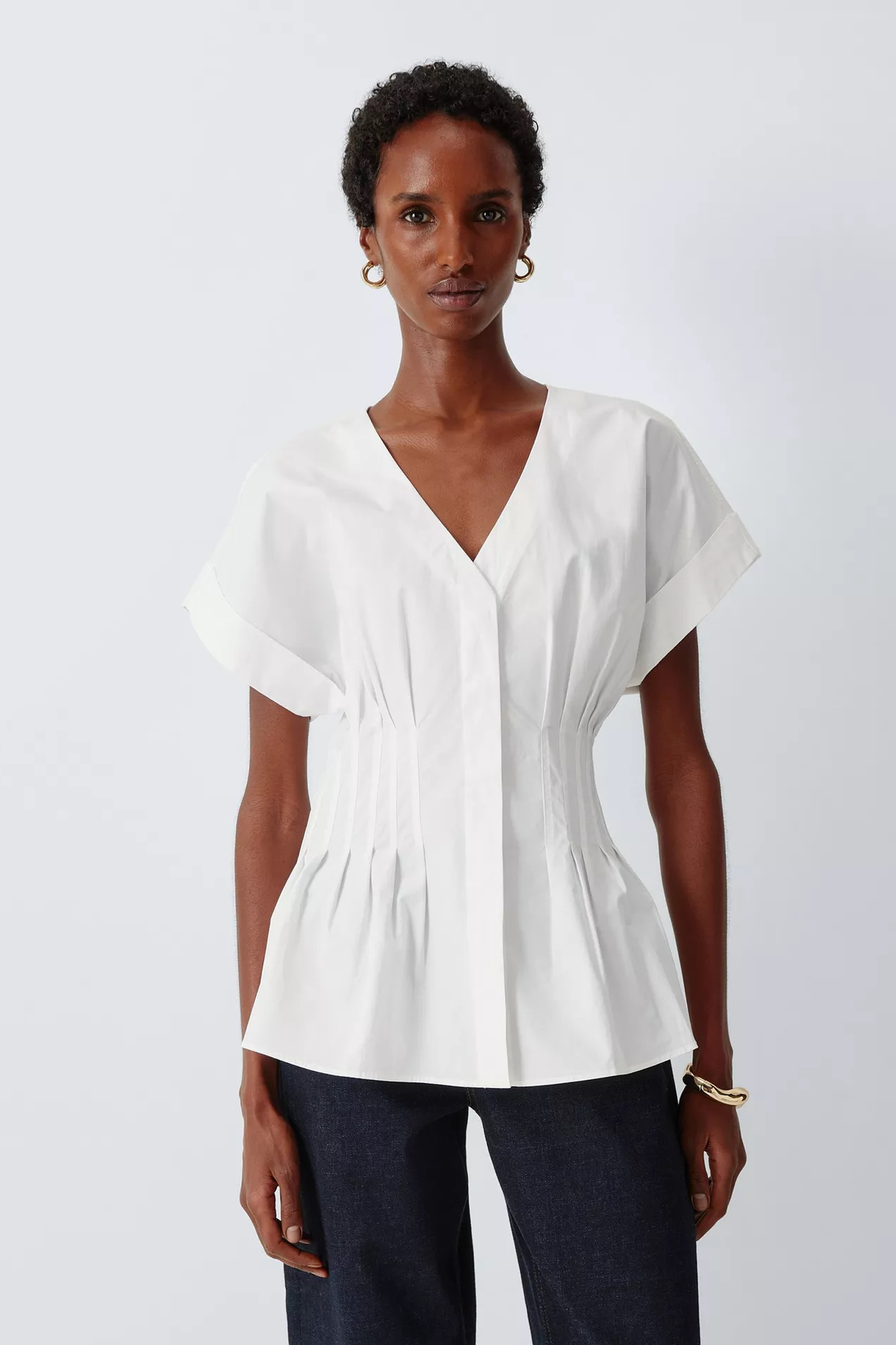 Cotton Tuck-detail Short-sleeve Blouse in Off White