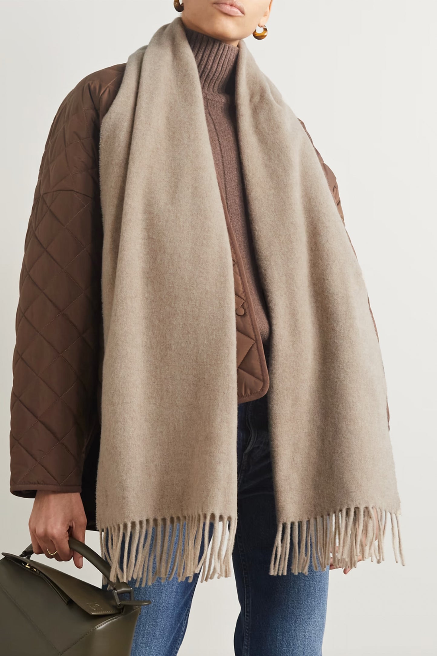 Fringed Wool Scarf In Beige