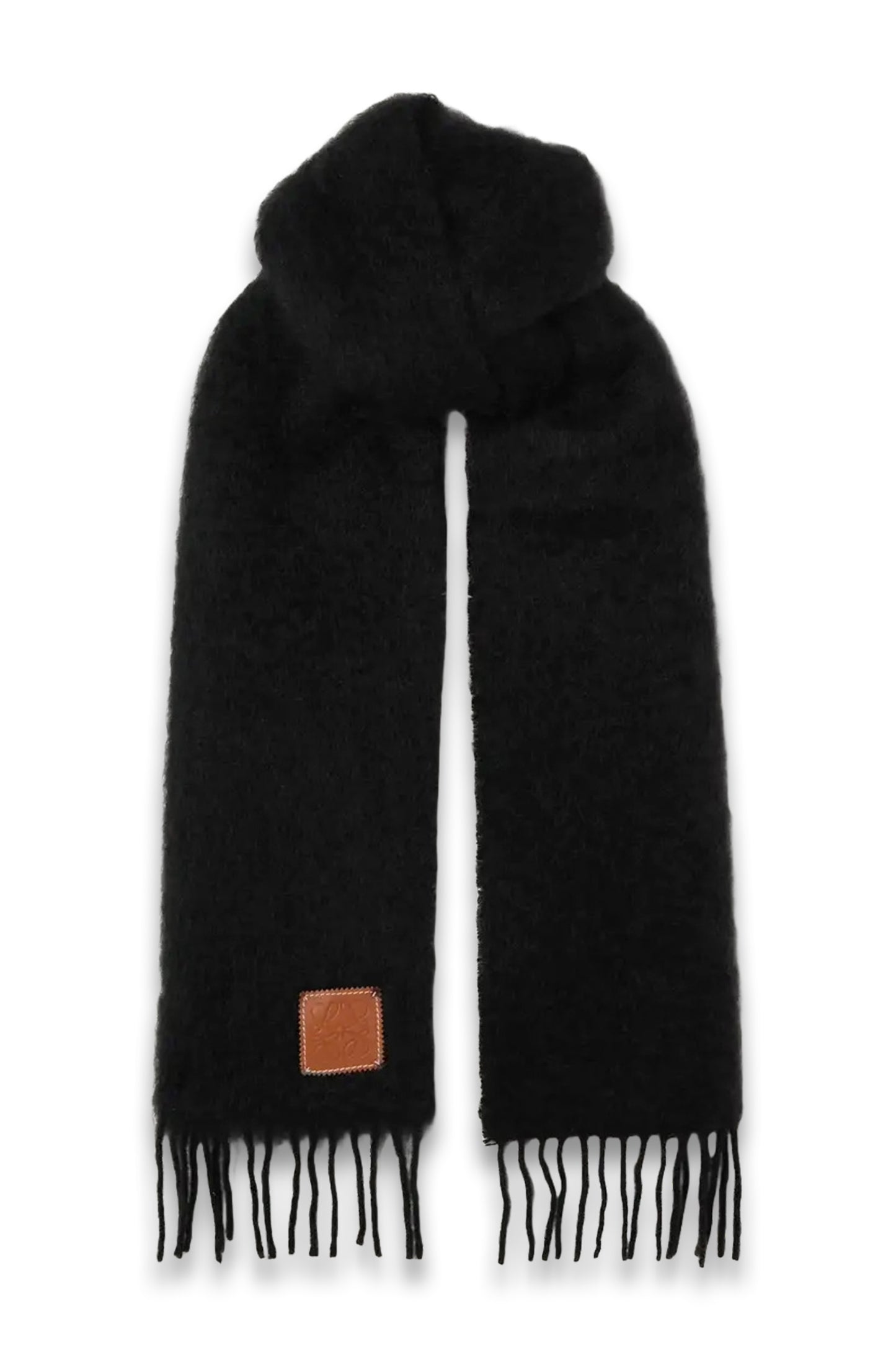 Fringed Leather-trimmed Mohair-blend Scarf Black