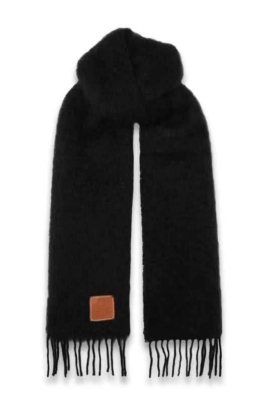 Fringed Leather-trimmed Mohair-blend Scarf Black