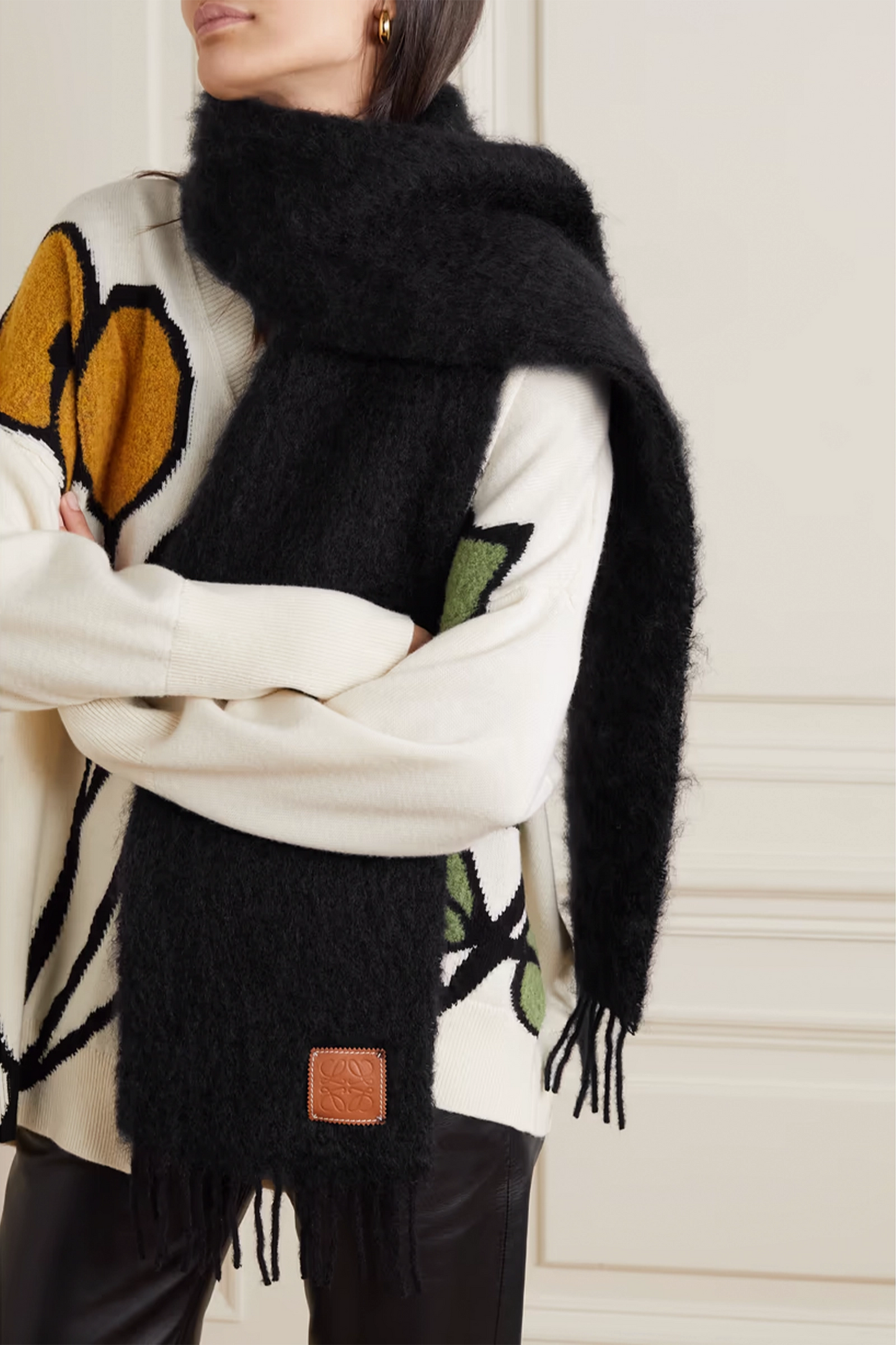 Fringed Leather-trimmed Mohair-blend Scarf Black
