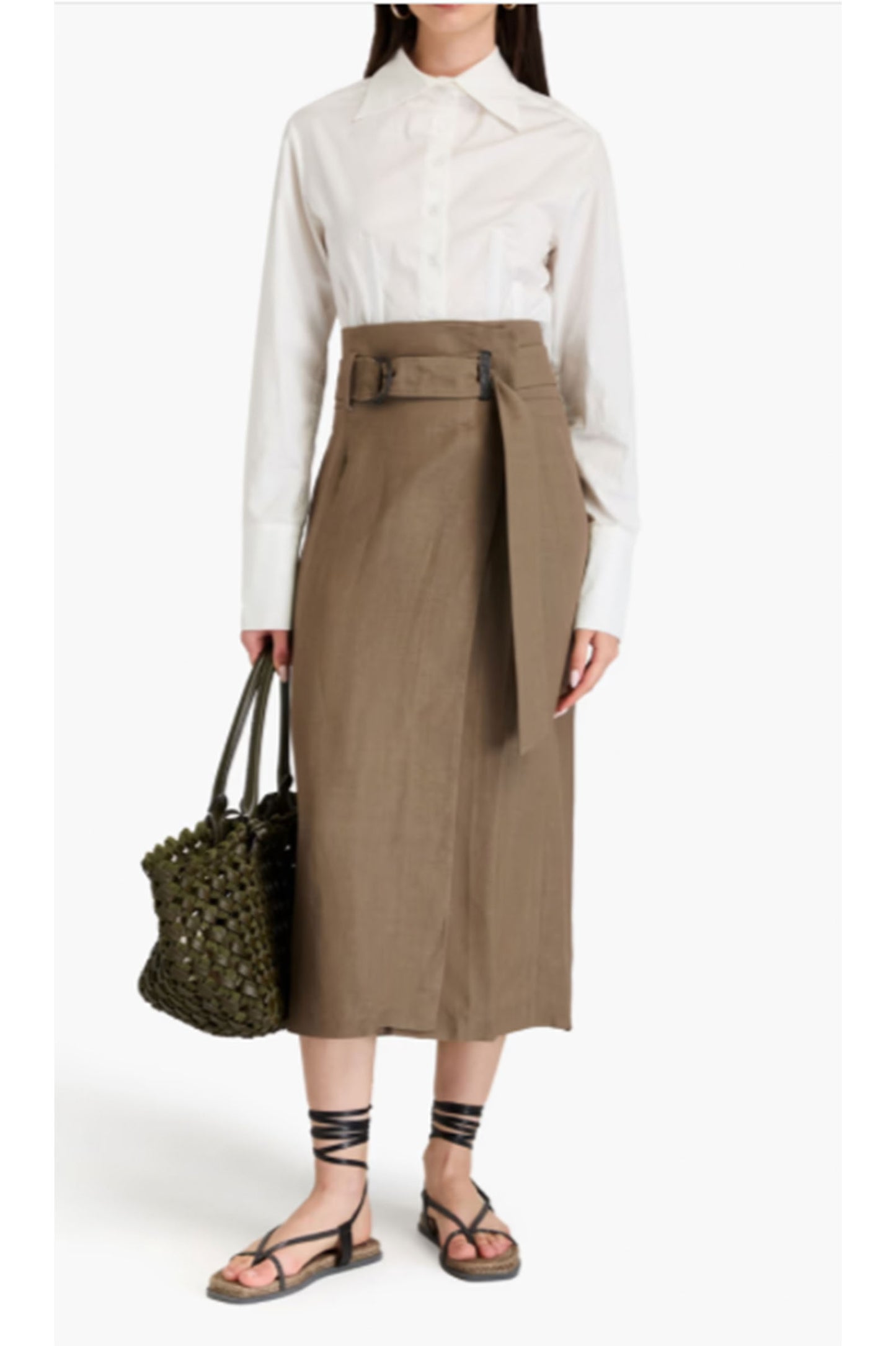 Belted Twill Midi Wrap Skirt