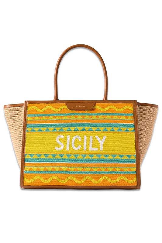 Sicily Leather-trimmed Beaded Raffia Tote