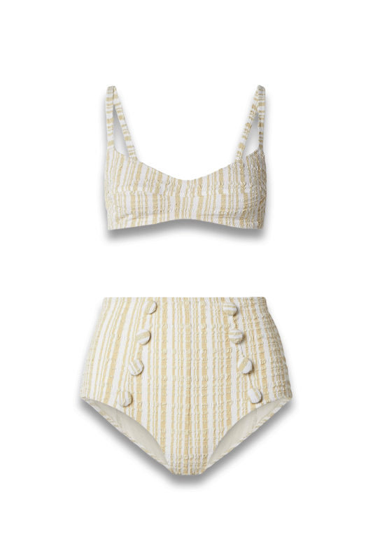 Button-Embellished Striped Seersucker Bikini