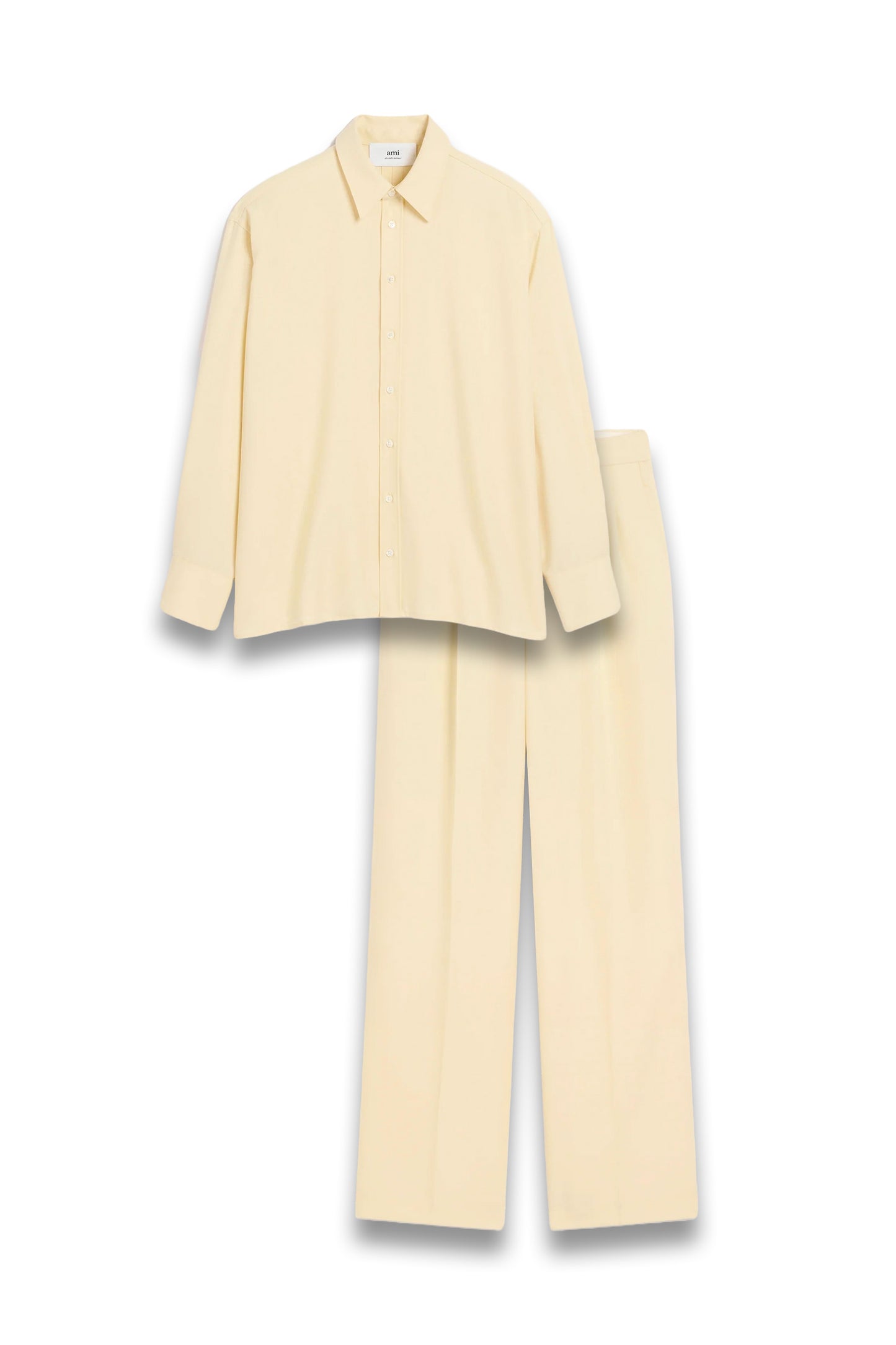 Yellow Wool Back Slit Loose Shirt & High Waist Large Trousers
