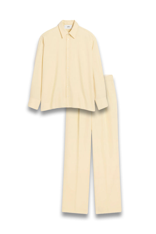 Yellow Wool Back Slit Loose Shirt & High Waist Large Trousers