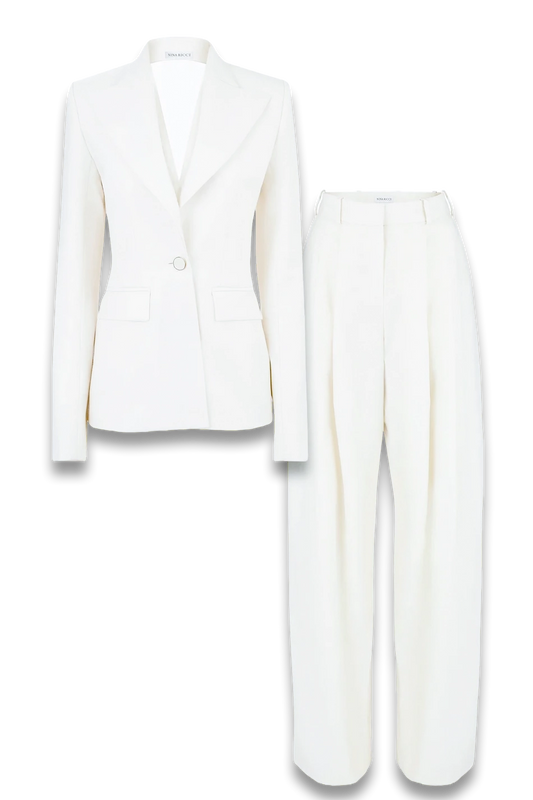 Pleated Wide-Leg Pants and Jacket With Open Draped Back