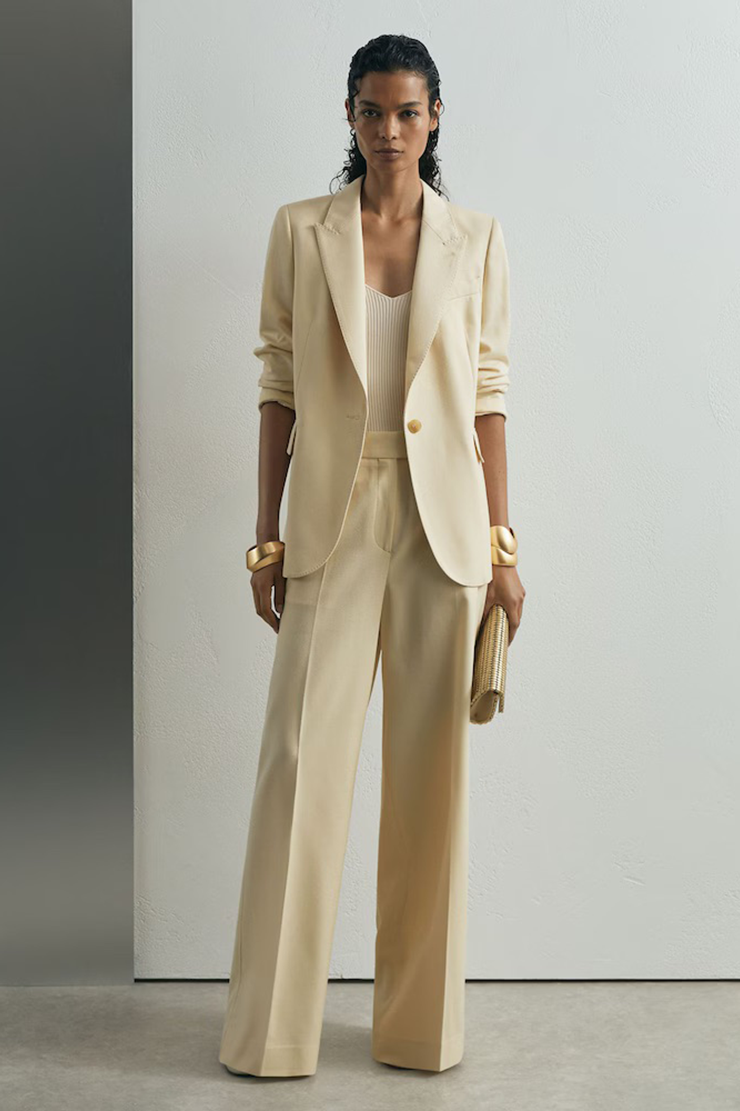 Reiss Silk-Wool Wide-Leg Trousers in Cream and Atelier Silk-Wool Single-Breasted Suit Blazer in Cream