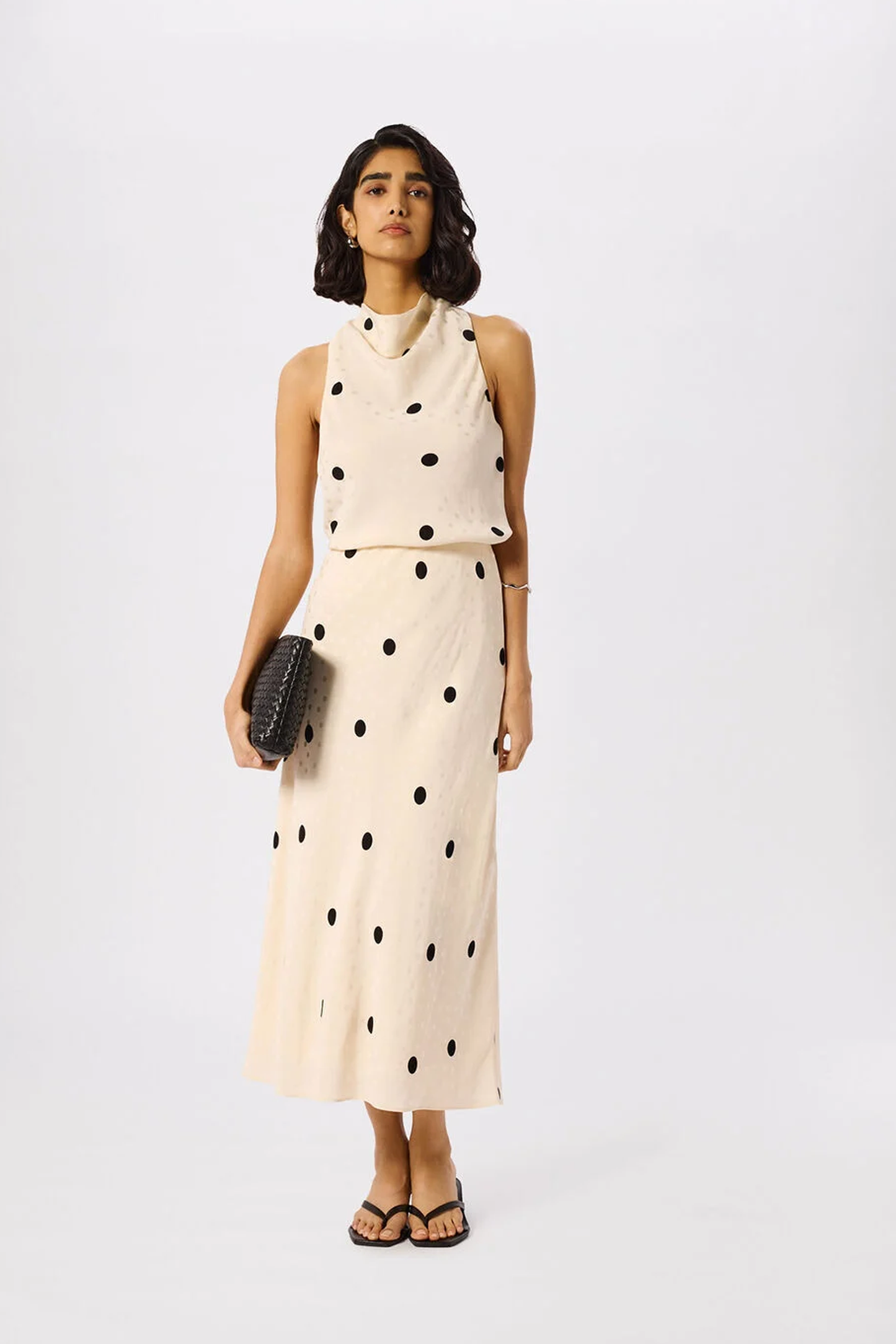 Cream Jacquard Spot Satin Halterneck and Midi Skirt